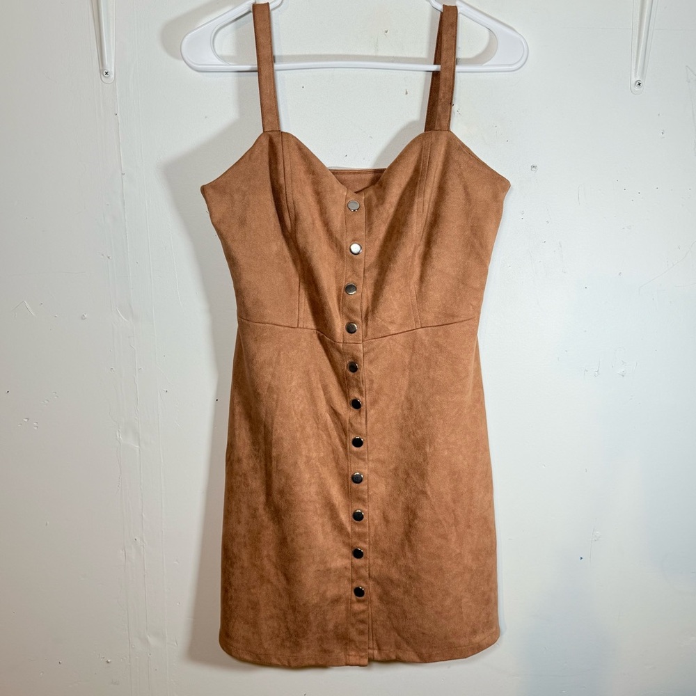Women’s Medium Faux Suede Mini Dress Tan Camel Sweetheart Buttons Fit Flare Boho